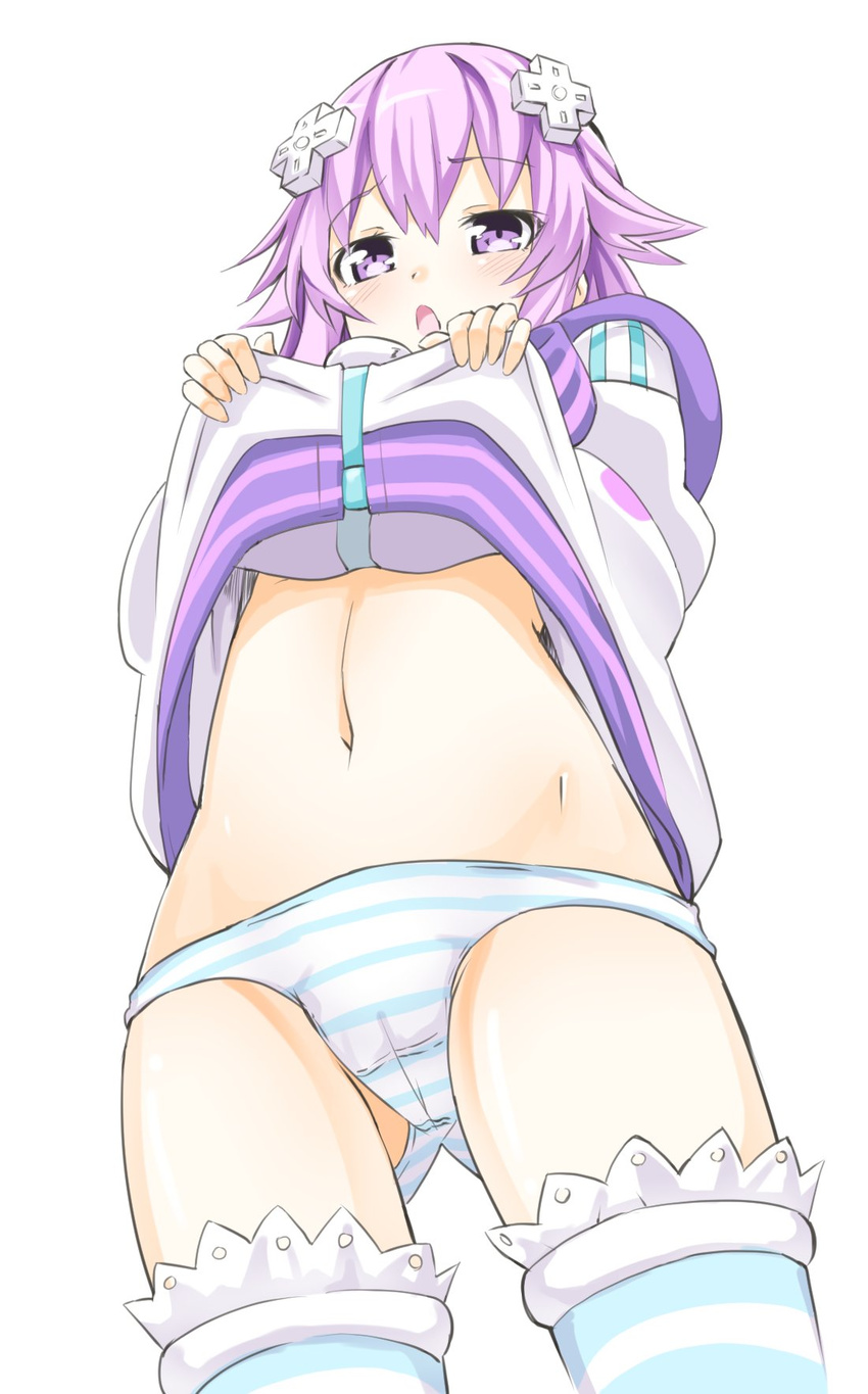ass_visible_through_thighs blush cameltoe dress dress_lift embarrassed eyebrows_visible_through_hair from_below hair_between_eyes hair_ornament highres lifted_by_self looking_at_viewer looking_down navel neptune_(choujigen_game_neptune) neptune_(series) niwaka_potato open_mouth panties purple_eyes purple_hair shirt short_hair simple_background solo thighhighs underwear white_background