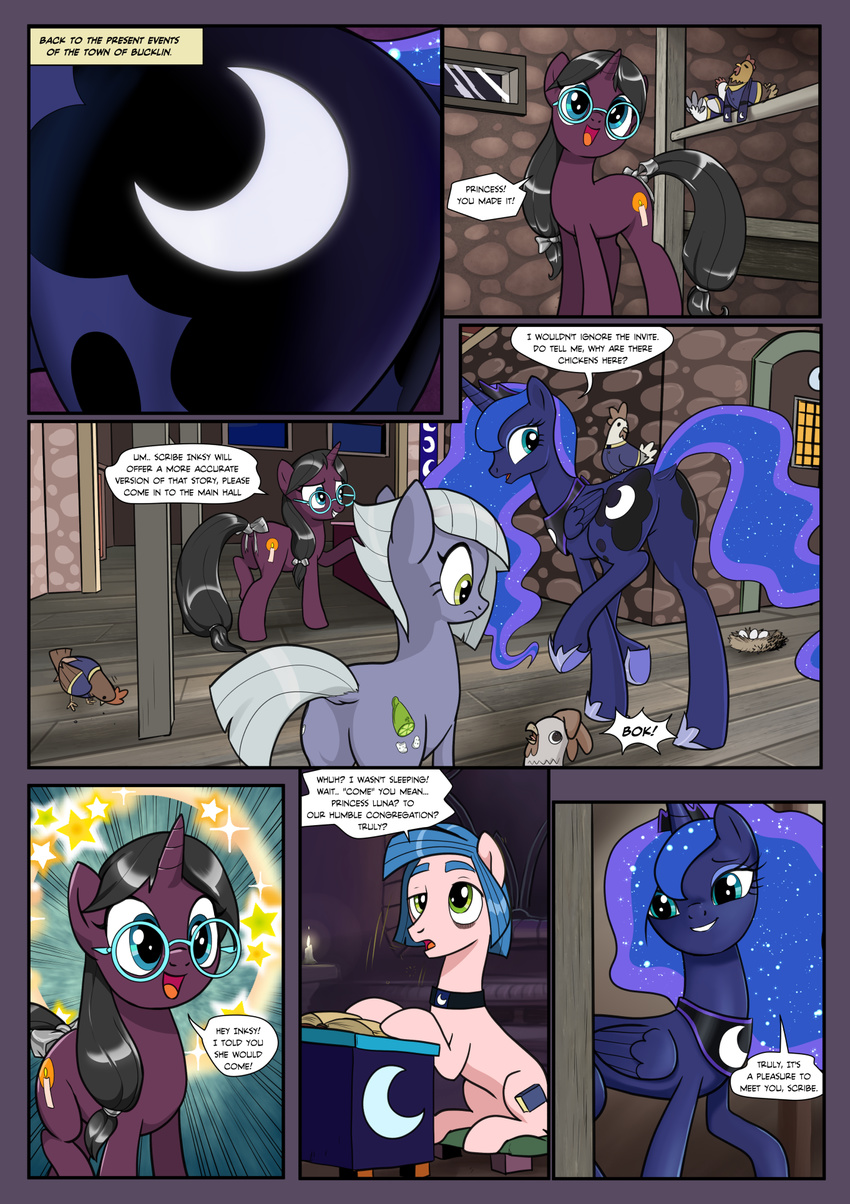 2017 avian bird black_hair blue_body blue_feathers blue_hair butt chicken comic cutie_mark dialogue earth_pony english_text equine eyebrows eyelashes eyeshadow eyewear fan_character feathered_wings feathers female feral friendship_is_magic glasses green_eyes grey_hair hair hi_res horn horse limestone_pie_(mlp) makeup male mammal my_little_pony open_mouth pencils_(artist) pony princess_luna_(mlp) text tongue unicorn winged_unicorn wings