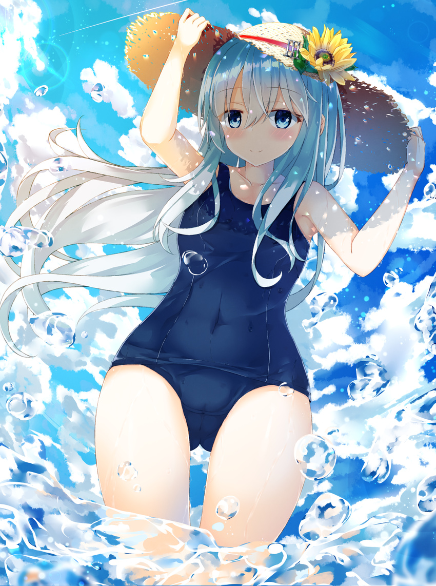 arms_up bangs bare_arms bare_shoulders blue_eyes blue_sky blush cameltoe cloud cloudy_sky collarbone covered_navel day dutch_angle eyebrows_visible_through_hair flower hair_between_eyes hands_on_headwear hat hibiki_(kantai_collection) highres kantai_collection long_hair looking_at_viewer niruanu_(nitayam) old_school_swimsuit one-piece_swimsuit outdoors school_swimsuit sky smile solo standing straw_hat sunflower sunlight swimsuit tareme wading water water_drop white_hair