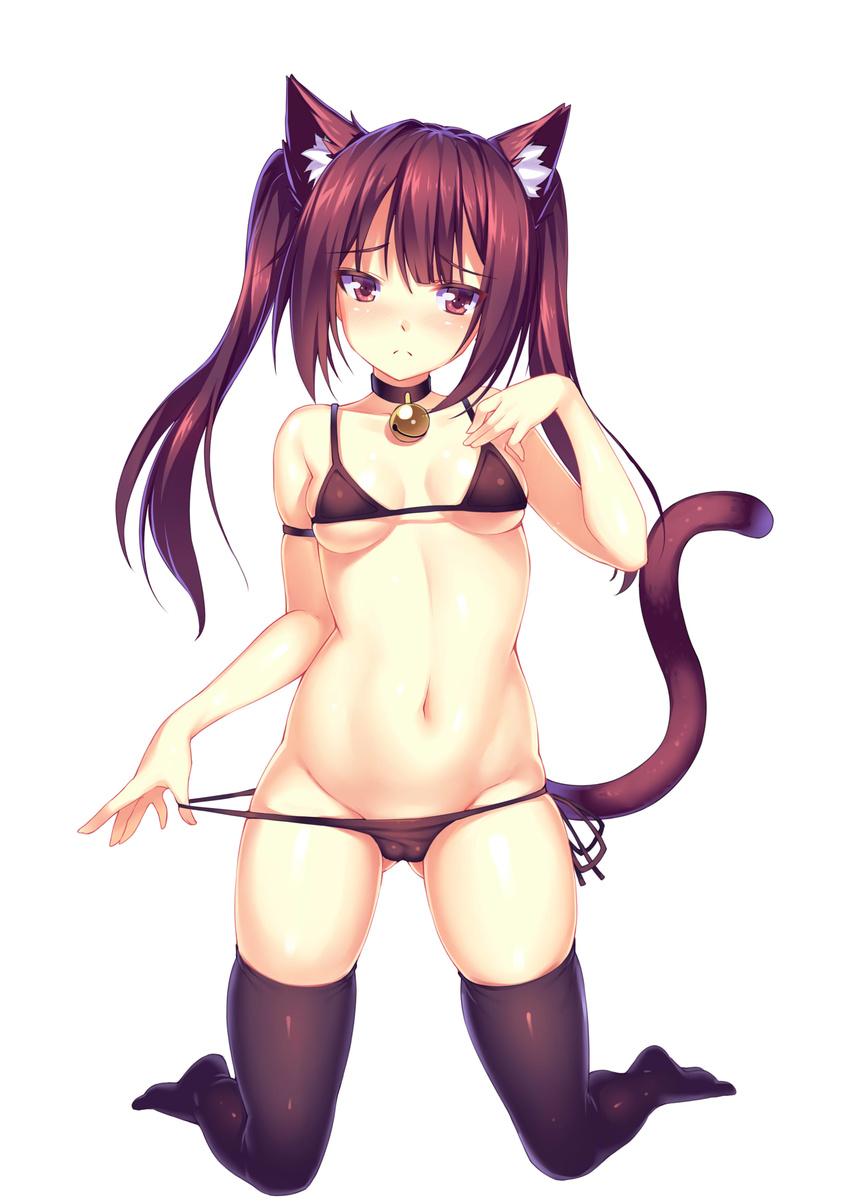 absurdres akabane_(pixiv3586989) animal_ears ass_visible_through_thighs bell bell_collar black_bra black_eyes black_hair black_legwear black_panties blush bra breasts cameltoe cat_ears cat_girl cat_tail choker collar embarrassed feet frown groin highres kneeling long_hair medium_breasts navel original panties panty_pull side-tie_panties skindentation solo tail thighhighs twintails underboob undersized_clothes underwear white_background