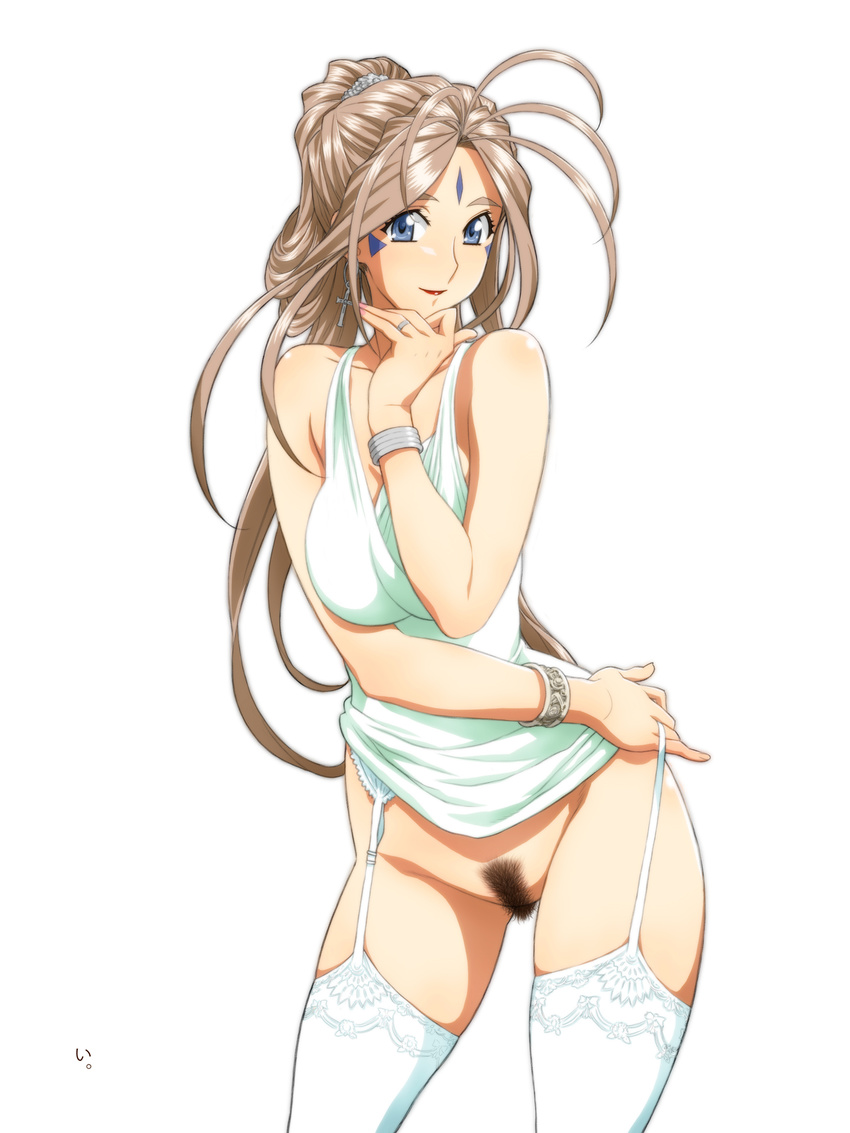 aa_megami-sama belldandy blue_eyes bracelet brown_hair cowboy_shot cross cross_earrings earrings facial_mark forehead_mark garter_belt hand_on_own_chin highres jewelry joy_division lace lace-trimmed_thighhighs lipstick long_hair looking_at_viewer makeup nail_polish pubic_hair ring simple_background smile solo strap_pull thighhighs white_background white_legwear