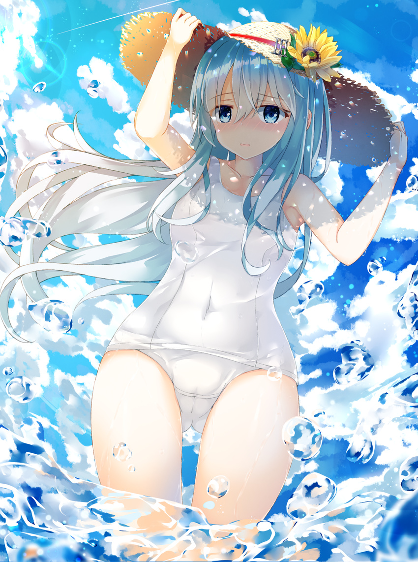 arms_up bangs bare_arms bare_shoulders blue_eyes blue_sky blush cameltoe cloud cloudy_sky collarbone covered_navel day dutch_angle eyebrows_visible_through_hair flower hair_between_eyes hands_on_headwear hat hibiki_(kantai_collection) highres kantai_collection long_hair looking_at_viewer niruanu_(nitayam) nose_blush old_school_swimsuit one-piece_swimsuit outdoors parted_lips school_swimsuit sky solo standing straw_hat sunflower sunlight swimsuit tareme wading water water_drop wavy_mouth white_hair white_school_swimsuit white_swimsuit