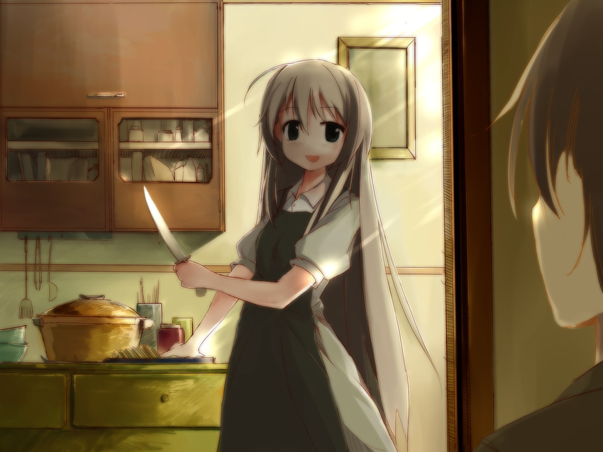 1girl :d angilar apron bowl brown_hair cabinet chris_vertin cutting_board eye_contact falsita_fawcett highres indoors knife left-handed light_brown_hair long_hair looking_at_another open_mouth picture_frame pot smile symphonic_rain tongs very_long_hair