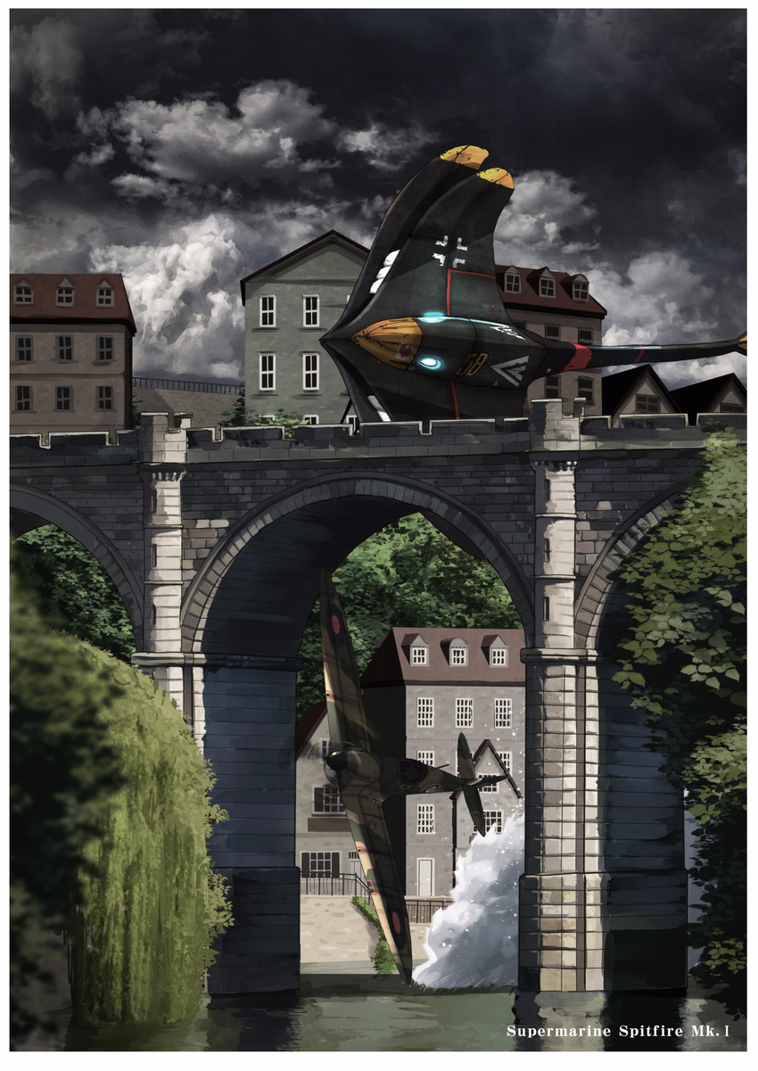 aerial_battle battle bridge building cloud cloudy_sky commentary dogfight enemy_aircraft_(kantai_collection) glowing highres kantai_collection kitsuneno_denpachi luftwaffe no_humans sky spitfire_(airplane) water