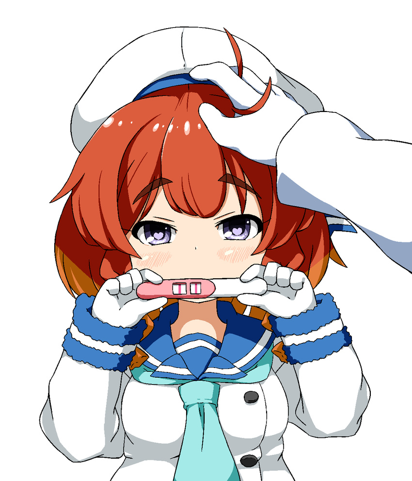 ansui_(happycore) beret blue_neckwear blue_sailor_collar blush etorofu_(kantai_collection) gloves hat heart heart-shaped_pupils highres kantai_collection looking_at_viewer medium_hair out_of_frame petting pov pov_hands pregnancy_test red_hair sailor_collar school_uniform solo_focus symbol-shaped_pupils thick_eyebrows white_background