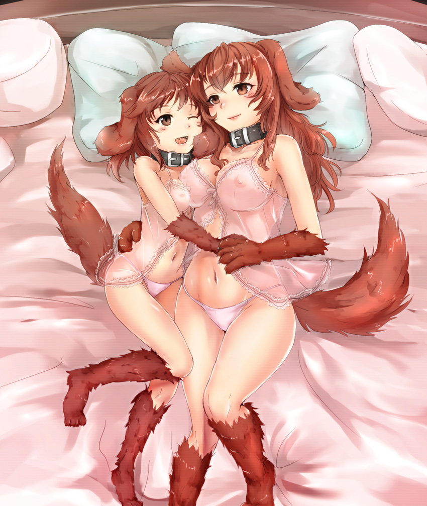 ;d age_difference animal_ears babydoll bare_shoulders bed breasts brown_eyes brown_hair collar collarbone commentary dog_ears dog_tail fangs fur highres himaneko hug kobold_(monster_girl_encyclopedia) large_breasts lingerie long_hair monster_girl monster_girl_encyclopedia mother_and_daughter multiple_girls navel nipples on_bed one_eye_closed open_mouth panties paws pillow see-through short_hair small_breasts smile tail take_your_pick underwear white_panties