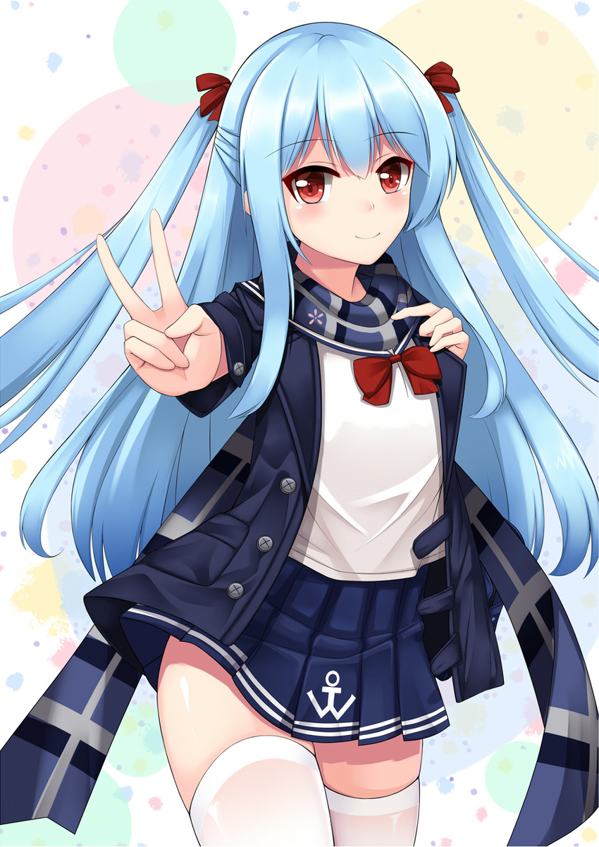 alternate_costume anchor_symbol blue_hair blue_jacket blue_skirt bow bowtie buttons closed_mouth cowboy_shot fengli fubuki_(zhan_jian_shao_nyu) hair_ribbon hand_on_own_chest highres jacket light_blush long_hair multicolored multicolored_clothes multicolored_scarf open_clothes open_jacket outstretched_arm pleated_skirt red_bow red_eyes red_neckwear remodel_(zhan_jian_shao_nyu) ribbon scarf school_uniform shirt sidelocks simple_background skirt smile solo standing thighhighs v very_long_hair white_legwear white_shirt zettai_ryouiki zhan_jian_shao_nyu