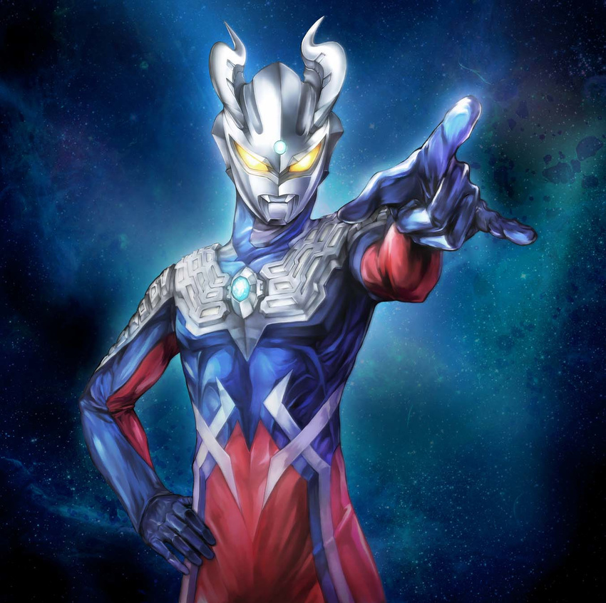 armor bai_wang bodysuit commentary_request glowing glowing_eyes hand_on_hip helmet highres horns looking_at_viewer male_focus pointing pointing_forward solo space standing star_(sky) ultra_series ultraman_zero upper_body yellow_eyes