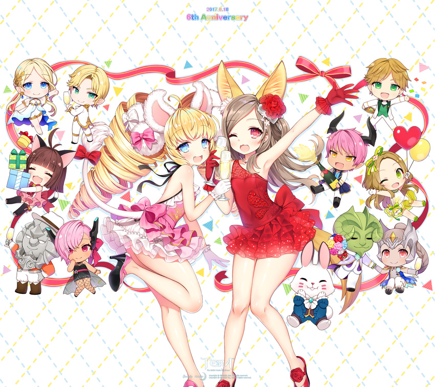 6+girls absurdres ahoge alcohol animal_ears anniversary arm_up armpits arms_up backless_dress backless_outfit balloon bare_back black_dress black_legwear blonde_hair blue_eyes bottle bouquet brown_eyes brown_hair bunny bunny_ears bunny_tail byulzzimon castanic_(tera) cat_ears cat_tail champagne champagne_bottle chibi closed_eyes coat copyright_name cup curly_hair dark_skin dog_ears dog_tail dress drill_hair drinking_glass earrings elbow_gloves elf elin_(tera) fang fishnet_pantyhose fishnets flower formal gift gloves green_eyes hair_flower hair_ornament hairband hand_on_hip hand_to_own_mouth hands_on_own_face hat high_heels highres holding_hands horns jewelry leg_lift legs lion_ears lion_tail long_hair multiple_boys multiple_girls necklace official_art one_eye_closed open_mouth outstretched_arms pants pantyhose pink_dress pink_footwear pink_hair pointy_ears popori red_dress red_eyes red_footwear ribbon shoes short_dress short_hair single_bare_shoulder sleeveless sleeveless_dress smile standing standing_on_one_leg strapless strapless_dress suit tail teeth tera_online thighhighs twintails wallpaper white_dress white_suit