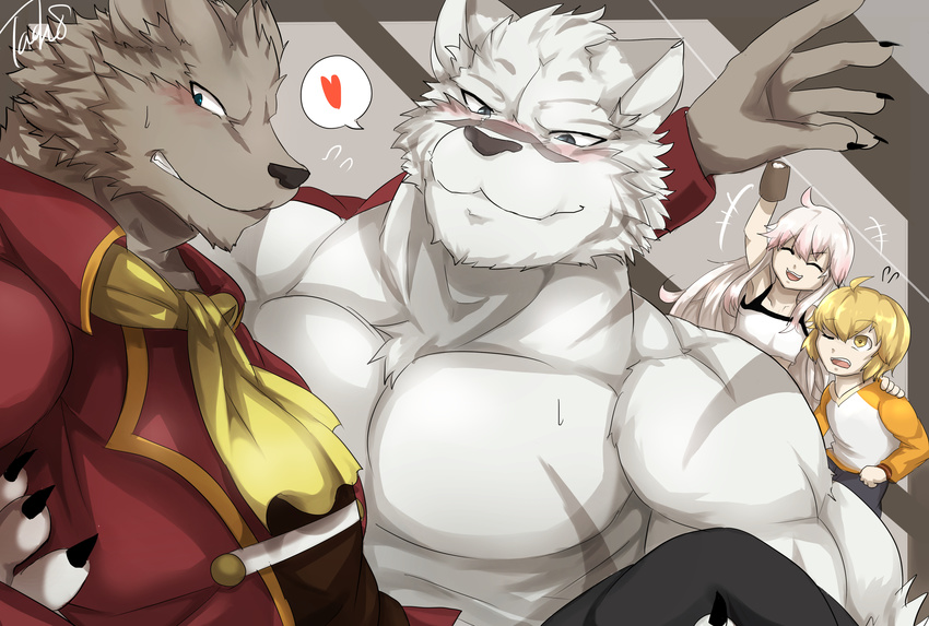 anthro blue_eyes blush canine feline female fur grimoire_of_zero holdem human male male/male mammal mercenary_(character) muscular muscular_male stripes tach8 tiger white_fur white_tiger wolf zero_(character)