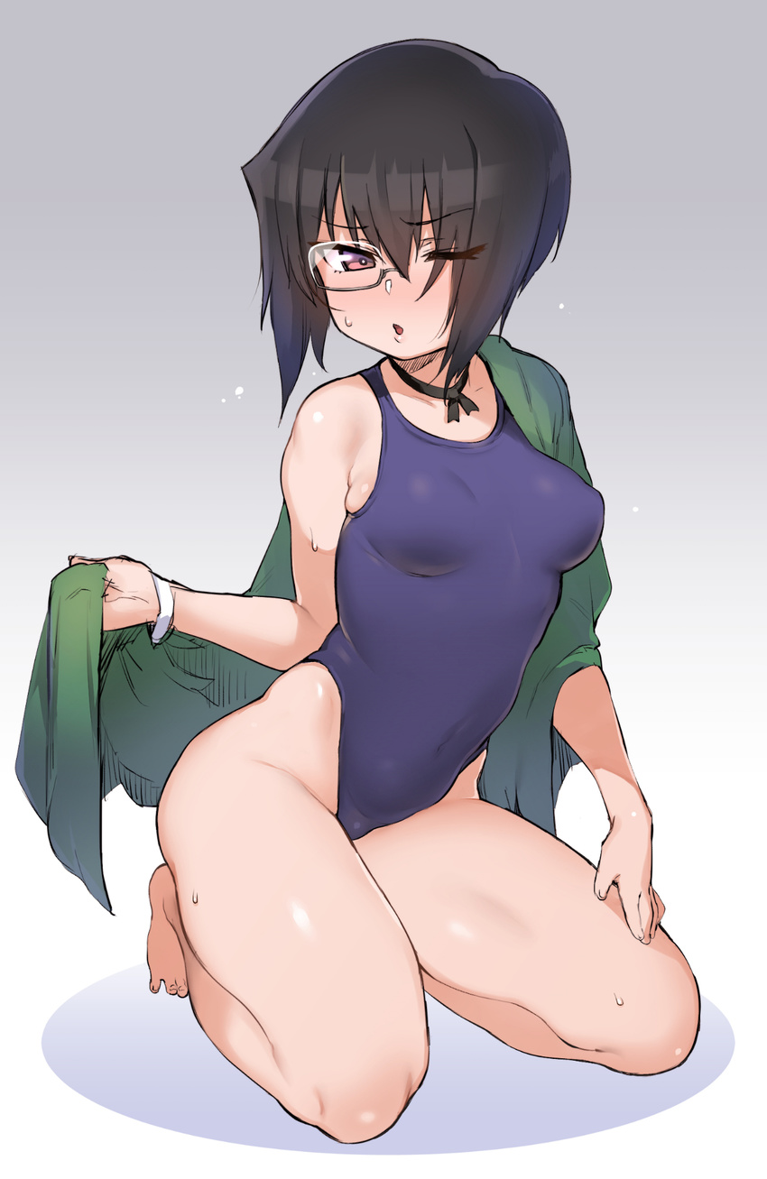 atte7kusa bare_legs barefoot black_hair blue_swimsuit breasts bright_pupils choker competition_swimsuit covered_navel eyebrows_visible_through_hair eyes_visible_through_hair girls_und_panzer gradient gradient_background grey_background hair_between_eyes hair_over_one_eye highleg highleg_swimsuit highres kawashima_momo kneeling looking_at_viewer medium_breasts monocle off_shoulder one-piece_swimsuit one_eye_closed purple_eyes ribbon_choker short_hair solo sweat swimsuit towel white_pupils wristband