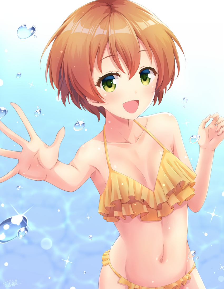 bikini breasts frilled_bikini frills from_above highres hoshizora_rin looking_at_viewer love_live! love_live!_school_idol_project navel open_mouth orange_hair sasurai_(kijitora713) short_hair small_breasts smile solo splashing swimsuit water yellow_bikini yellow_eyes