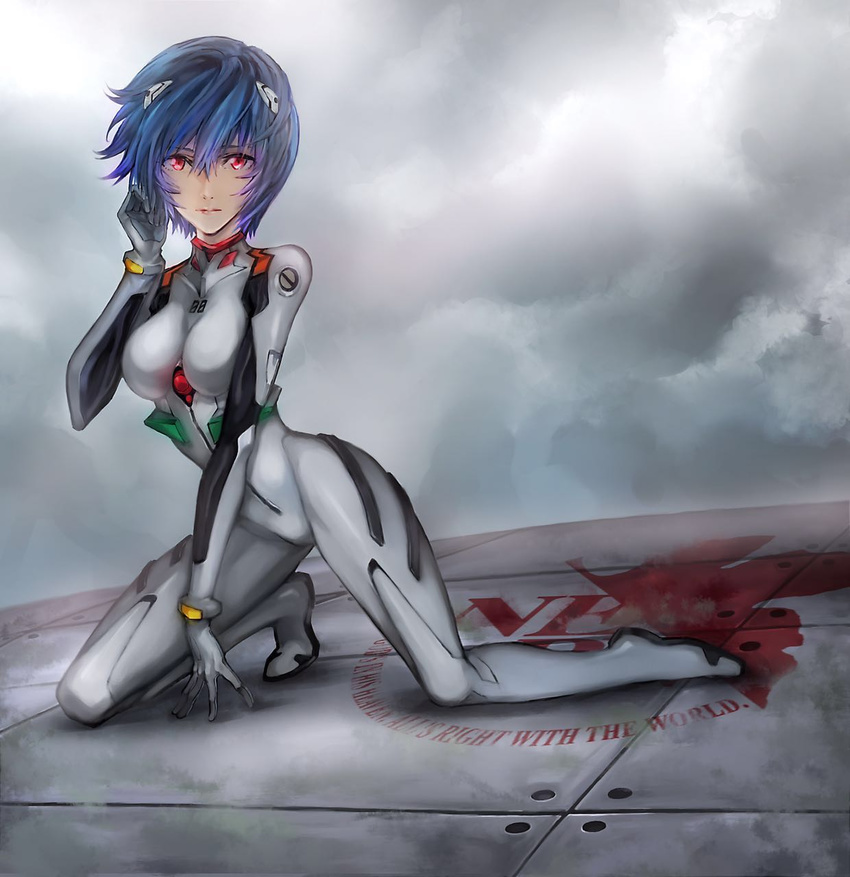 arm_support ayanami_rei bai_wang bangs blue_hair bodysuit breasts closed_mouth cloud cloudy_sky commentary_request english full_body grey_bodysuit hand_to_head headgear highres kneeling looking_at_viewer medium_breasts neon_genesis_evangelion nerv pilot_suit plugsuit red_eyes short_hair sky solo turtleneck