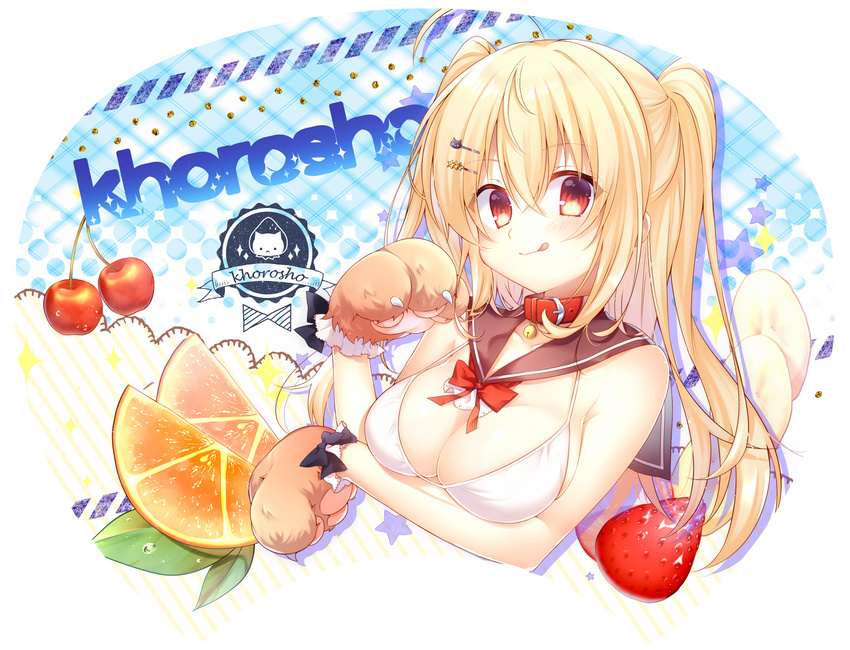:q banana banana_slice bangs bare_shoulders bell bell_collar belt_collar blonde_hair blush bra breasts brown_sailor_collar buckle cat_hair_ornament cherry chihiro_(khorosho) circle_name cleavage collar collarbone commentary_request cropped_torso eyebrows_visible_through_hair food fruit hair_between_eyes hair_ornament hairclip hand_up leaf long_hair looking_at_viewer medium_breasts orange orange_slice original paws red_collar red_eyes sailor_collar shadow solo sparkle star star_hair_ornament starry_background strawberry striped striped_background tongue tongue_out transparent_background two_side_up uchiwa_design underwear upper_body white_bra