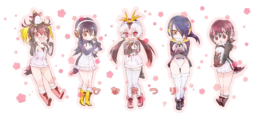 &gt;_&lt; :d ;) ^_^ animal animal_on_head black_footwear black_hair blonde_hair blush boots breasts brown_eyes chestnut_mouth clenched_hands closed_eyes closed_mouth commentary_request emperor_penguin emperor_penguin_(kemono_friends) full_body gentoo_penguin gentoo_penguin_(kemono_friends) hair_between_eyes highleg highleg_leotard hinamatsuri holding holding_animal hug humboldt_penguin humboldt_penguin_(kemono_friends) kemono_friends kneehighs large_breasts leotard long_hair looking_at_another low_twintails mimige multicolored_hair multiple_girls on_head one_eye_closed open_mouth orange_hair outline outstretched_arms penguin_tail penguins_performance_project_(kemono_friends) pink_eyes pink_footwear pink_hair profile rockhopper_penguin rockhopper_penguin_(kemono_friends) royal_penguin royal_penguin_(kemono_friends) saishi smile standing streaked_hair tail thighhighs translation_request twintails v-shaped_eyebrows white_hair white_legwear white_leotard yellow_footwear