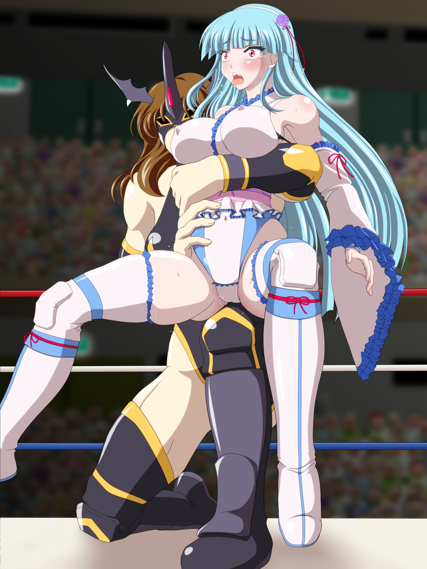 2girls audience bare_shoulders blue_hair blush boots breasts brown_hair dark_star_chaos detached_sleeves elbow_pads erect_nipples flower hair_flower hair_ornament hairband knee_pads large_breasts leotard long_hair mask multiple_girls noppo-san open_mouth pain red_eyes ryona sasaki_yukime shiny shiny_clothes shiny_hair shiny_skin skin_tight tears thigh_boots tongue tongue_out very_long_hair wrestle_angels wrestle_angels_survivor wrestling