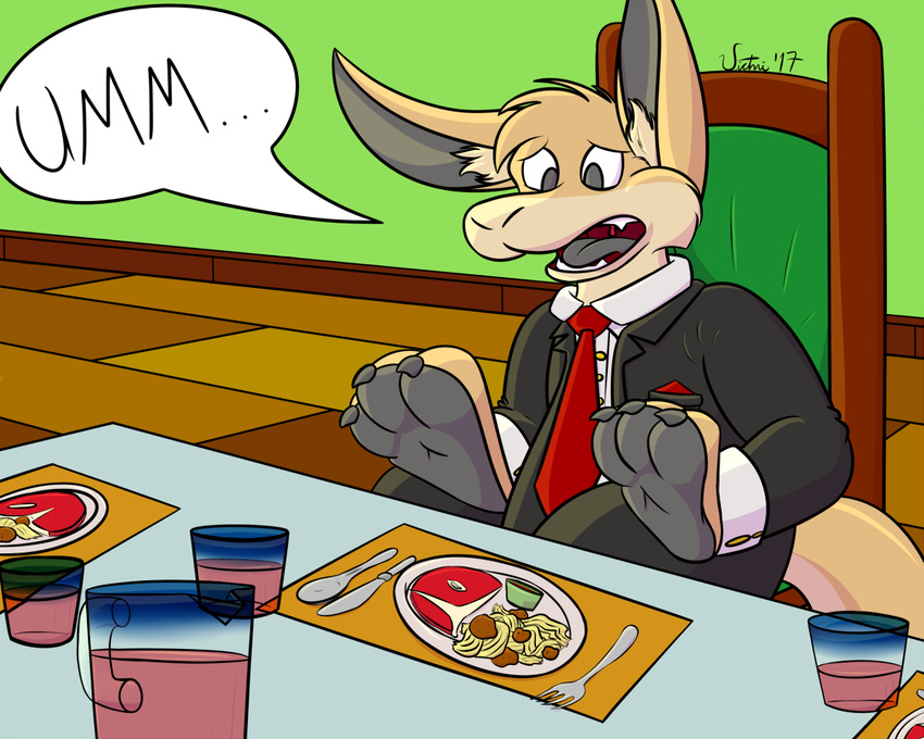 anthro aoba beverage chair claws clothing dinner food foot_focus foot_hands footpaw_hands fork fourpaws hindpaw kangaroo knife male mammal marsupial meatballs necktie pasta pawpads paws pitcher placemat plate pocket_square silverware sitting soles solo spaghetti speech_bubble spoon steak suit table text thick_tail victni