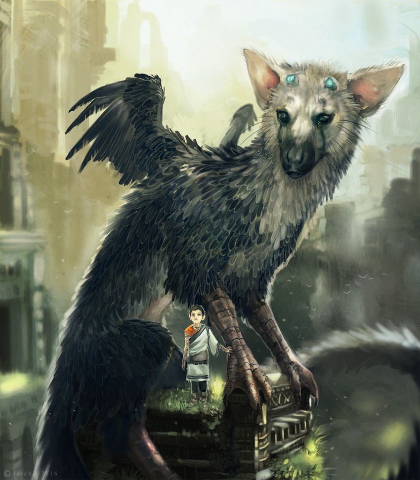 black_eyes black_feathers clothed clothing detailed_background duo feathered_wings feathers feral human mammal sitting standing tatchit the_last_guardian wings