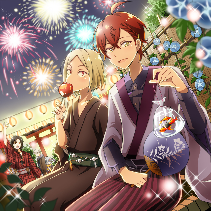 :d aerial_fireworks ahoge arm_up bag bagged_fish beads braid brown_eyes bungou_to_alchemist candy_apple character_request collared_shirt dazai_osamu_(bungou_to_alchemist) dutch_angle eating fan festival fireworks fish flower food goldfish hair_ornament hair_over_one_eye hair_over_shoulder hairclip highres holding holding_bag japanese_clothes kimono lantern light_brown_hair long_sleeves male_focus masako_(sabotage-mode) morning_glory multiple_boys nakahara_chuuya_(bungou_to_alchemist) night night_sky open_mouth outdoors paper_fan paper_lantern plaid plant ponytail red_eyes red_hair sash shirt side_braid single_braid sitting sky smile sparkle stuffed_animal stuffed_toy summer_festival torii trellis uchiwa waving wide_sleeves