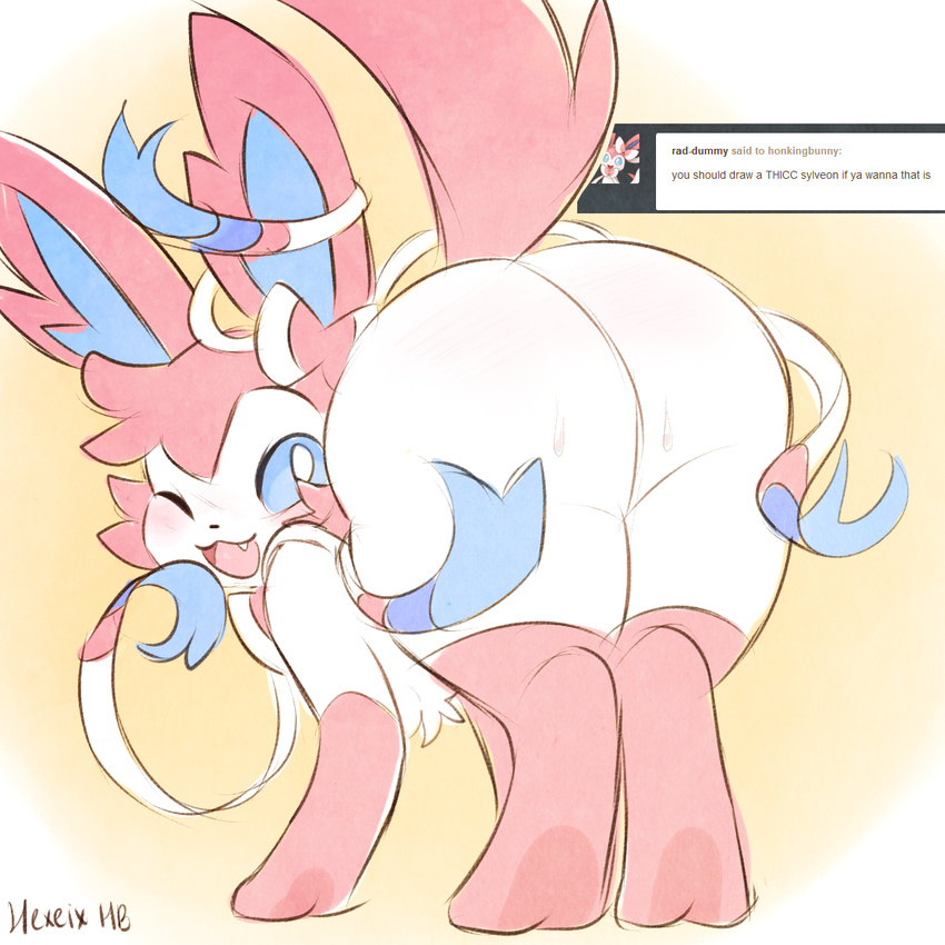ambiguous_gender blue_eyes blush butt eeveelution fur girly hexeix nintendo one_eye_closed open_mouth pink_fur pok&eacute;mon ribbons sweat sylveon thick_thighs tumblr video_games white_fur wink