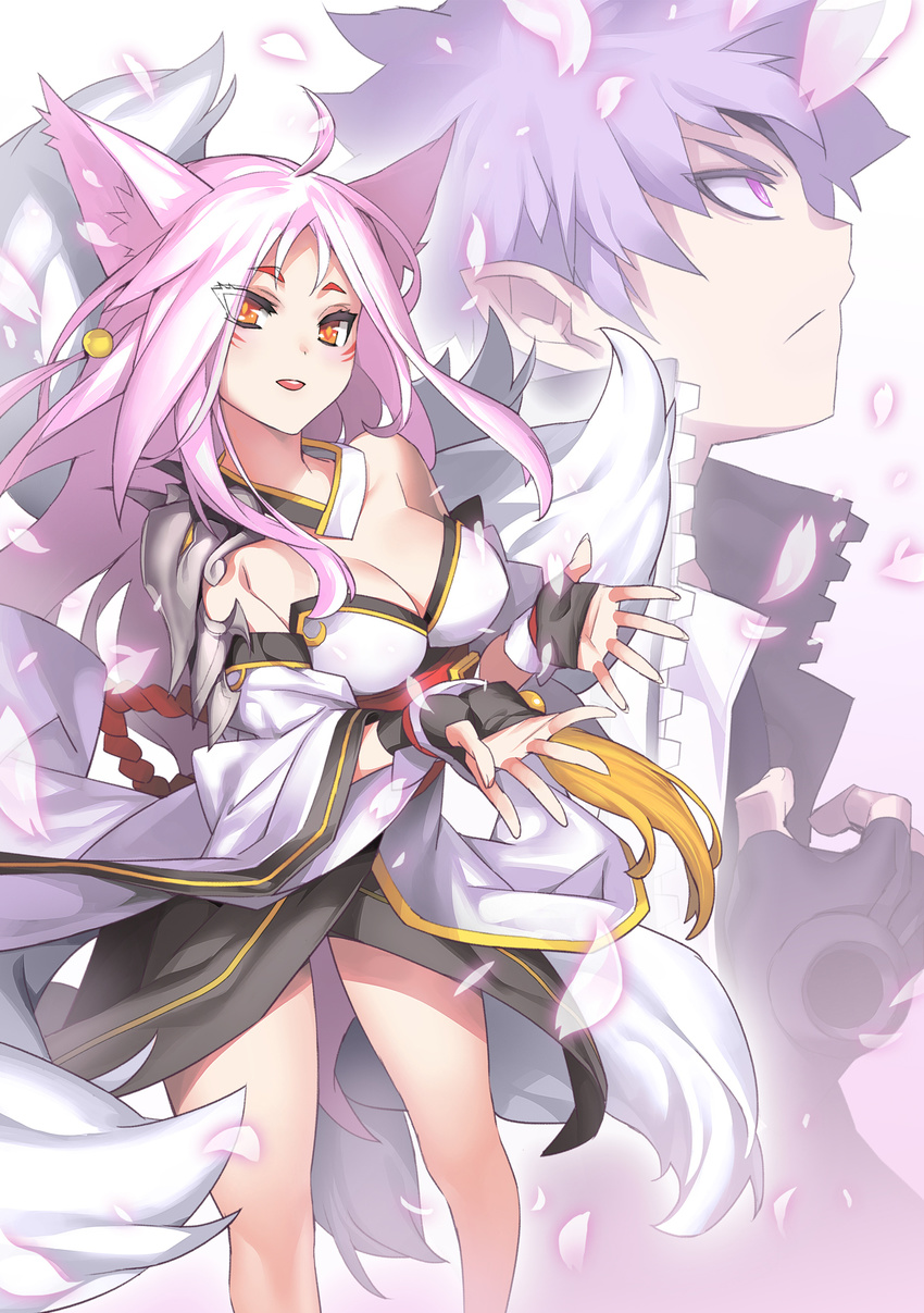 1girl add_(elsword) ahoge animal_ears ara_han ara_han_(celestial_fox) asura_(elsword) bare_shoulders breasts chinese_clothes cleavage elsword eun_(elsword) eyebrows_visible_through_hair facial_mark fingerless_gloves fox_ears fox_tail gloves highres large_breasts long_hair multiple_tails octoman petals purple_eyes purple_hair short_hair smile tail time_tracer_(elsword) white_background white_hair zipper