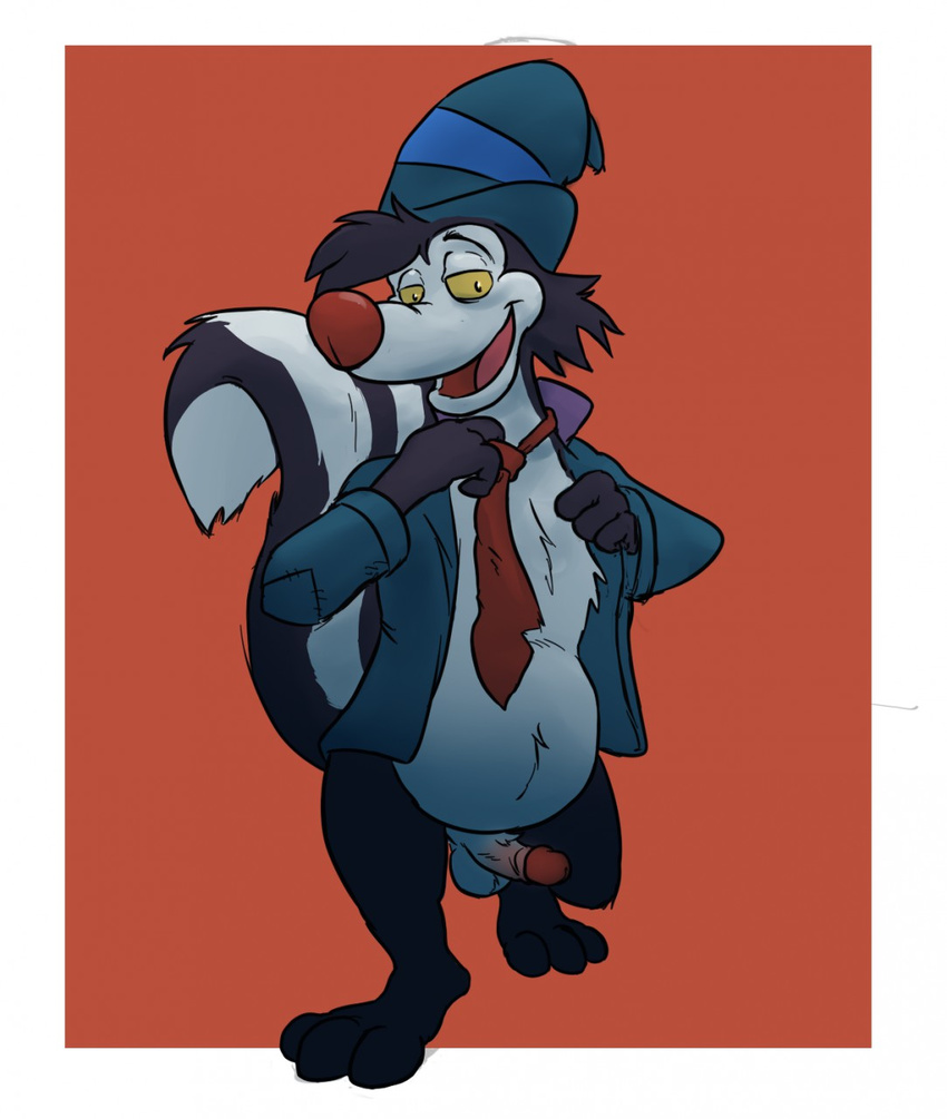 2017 3_toes anthro azul_(artist) balls biped bonkers_(series) bottomless clothed clothing digital_media_(artwork) disney erection fur male mammal necktie open_mouth penis shirt simple_background skunk skunky_skunk smile solo striped_tail stripes toes undressing