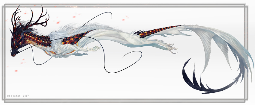 2017 ambiguous_gender antlers dragon feral fur horn hybrid simple_background solo tatchit white_background white_fur