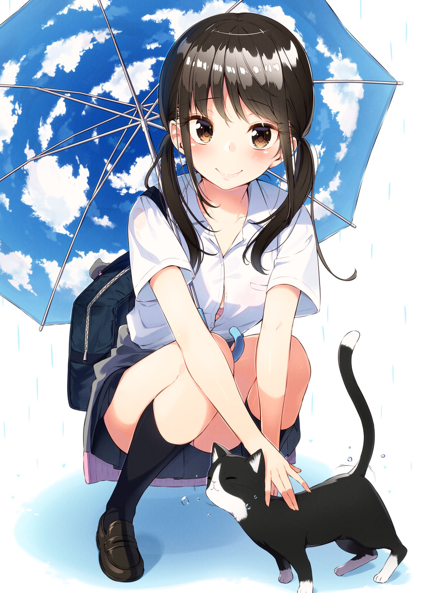 black_hair bra brown_eyes button_gap cat cloud commentary_request eyebrows_visible_through_hair fisheye highres long_hair looking_at_viewer low_twintails original panties pantyshot pantyshot_(squatting) rain sakuragi_ren school_uniform shirt smile solo squatting twintails umbrella underwear white_shirt