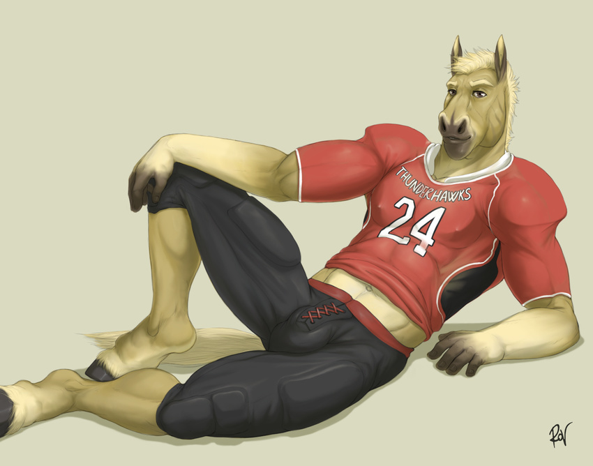 2017 5_fingers abs alistair_goldmane anthro arm_support biceps biped black_bottomwear black_clothing black_hooves black_pants brown_eyes brown_fur clothed clothing digital_media_(artwork) equine eyebrows fingerless_(marking) football_jersey football_player football_uniform fully_clothed fur hair hooves horse humanoid_hands jersey leaning_on_elbow looking_at_viewer male mammal multicolored_fur muscular muscular_male nipple_bulge pants pecs reclining red_clothing red_shirt red_topwear rov shirt short_hair signature simple_background snout solo tan_fur tan_hair tan_tail uniform white_background