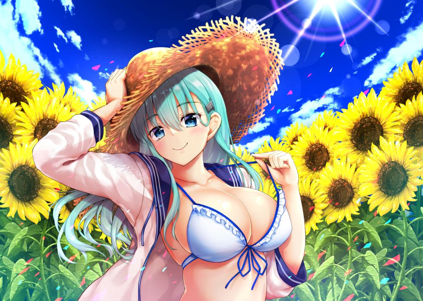 akizuki_akina alternate_costume alternate_eye_color bikini blue_bikini blue_eyes blush breasts collarbone day flower front-tie_bikini front-tie_top hair_between_eyes hair_ornament hairclip hand_on_headwear hat kantai_collection large_breasts long_hair long_sleeves looking_at_viewer open_clothes open_shirt outdoors school_uniform serafuku shirt sideboob smile solo strap_pull straw_hat sun sun_hat sunflower sunlight suzuya_(kantai_collection) swimsuit upper_body white_shirt