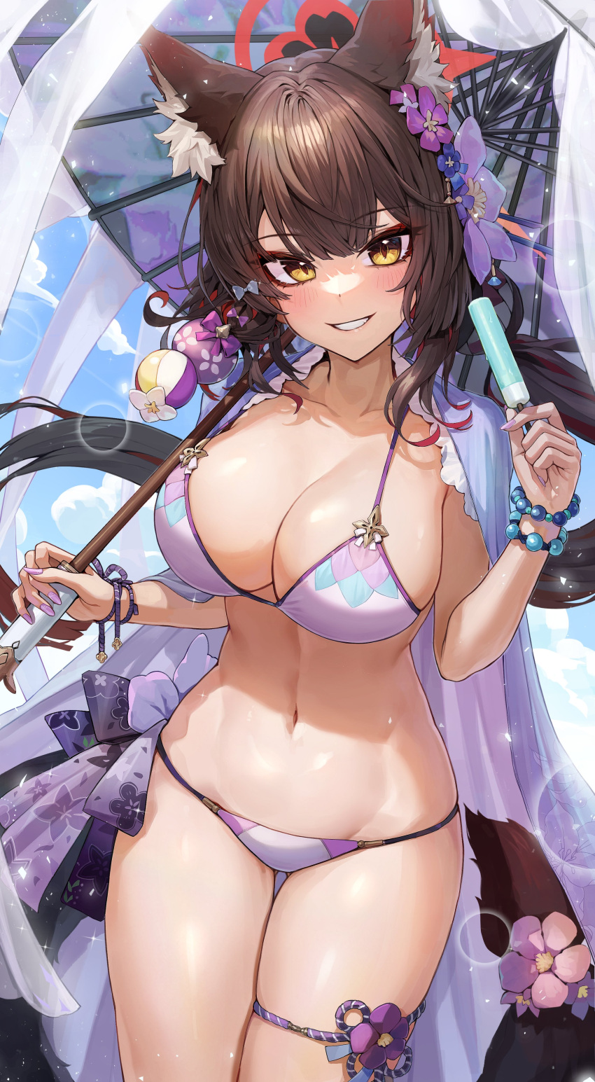 1girl absurdres animal_ears bikini black_hair blue_archive breasts cleavage cowboy_shot food fox_ears grin groin halo highres holding holding_food kokukyukeo large_breasts long_hair looking_at_viewer navel official_alternate_costume popsicle purple_bikini red_halo smile solo swimsuit wakamo_(blue_archive) wakamo_(swimsuit)_(blue_archive) yellow_eyes