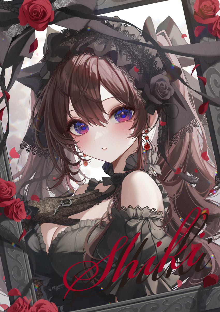 1girl :o absurdres alternate_costume black_dress black_gloves black_hairband blush breasts brown_hair character_name cleavage dress flower gloves hairband highres ichinose_shiki idolmaster idolmaster_cinderella_girls jewelry kudou_(sikisiki0000) lace-trimmed_dress lace-trimmed_hairband lace_trim looking_at_viewer medium_breasts photo_(object) picture_frame purple_eyes red_flower red_rose ring rose solo twintails upper_body