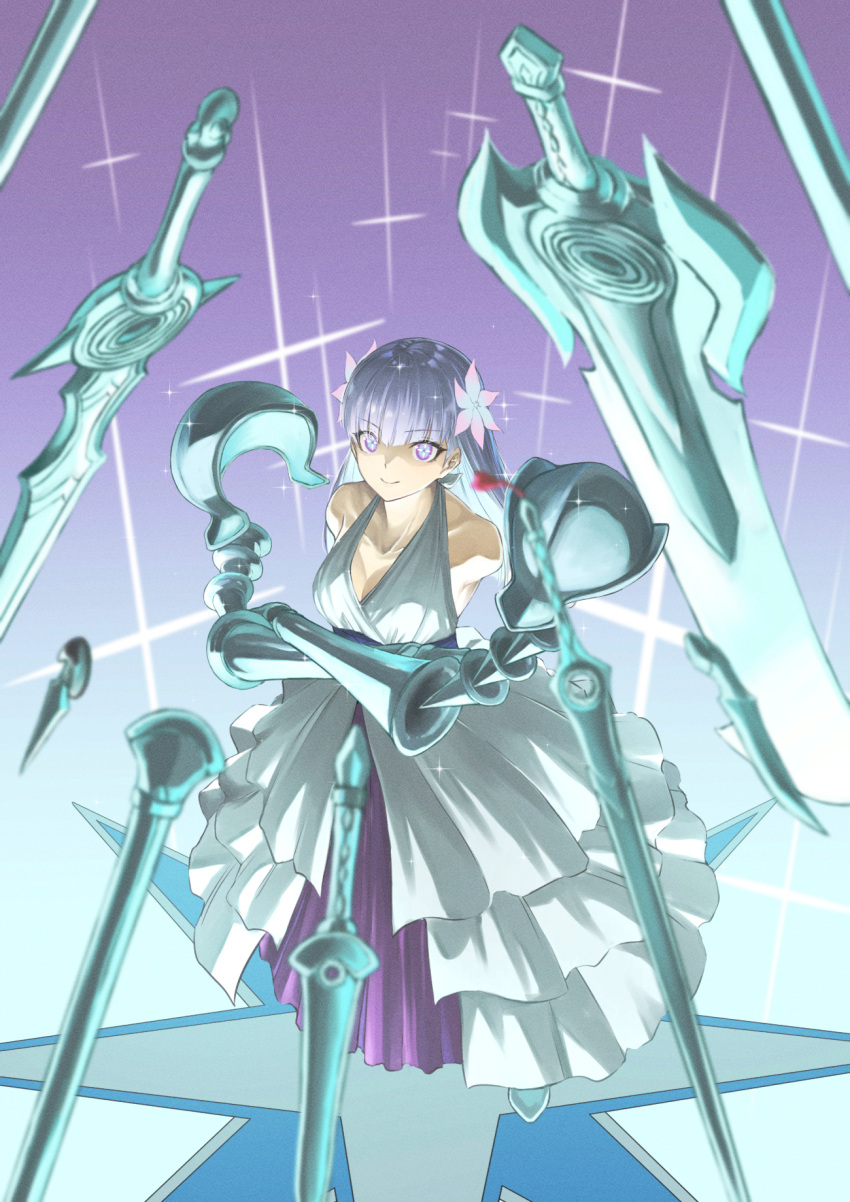 1girl amputee armless_amputee armor bare_shoulders beruu breasts cleavage collarbone commentary_request cross-shaped_pupils crossed_arms dagger double_amputee dress floating flower grey_hair hair_flower hair_ornament highres knife levitation long_hair looking_at_viewer magic medium_breasts purple_eyes ragna_crimson sleeveless sleeveless_dress smile solo sparkle standing starlia_lese sword symbol-shaped_pupils weapon white_dress