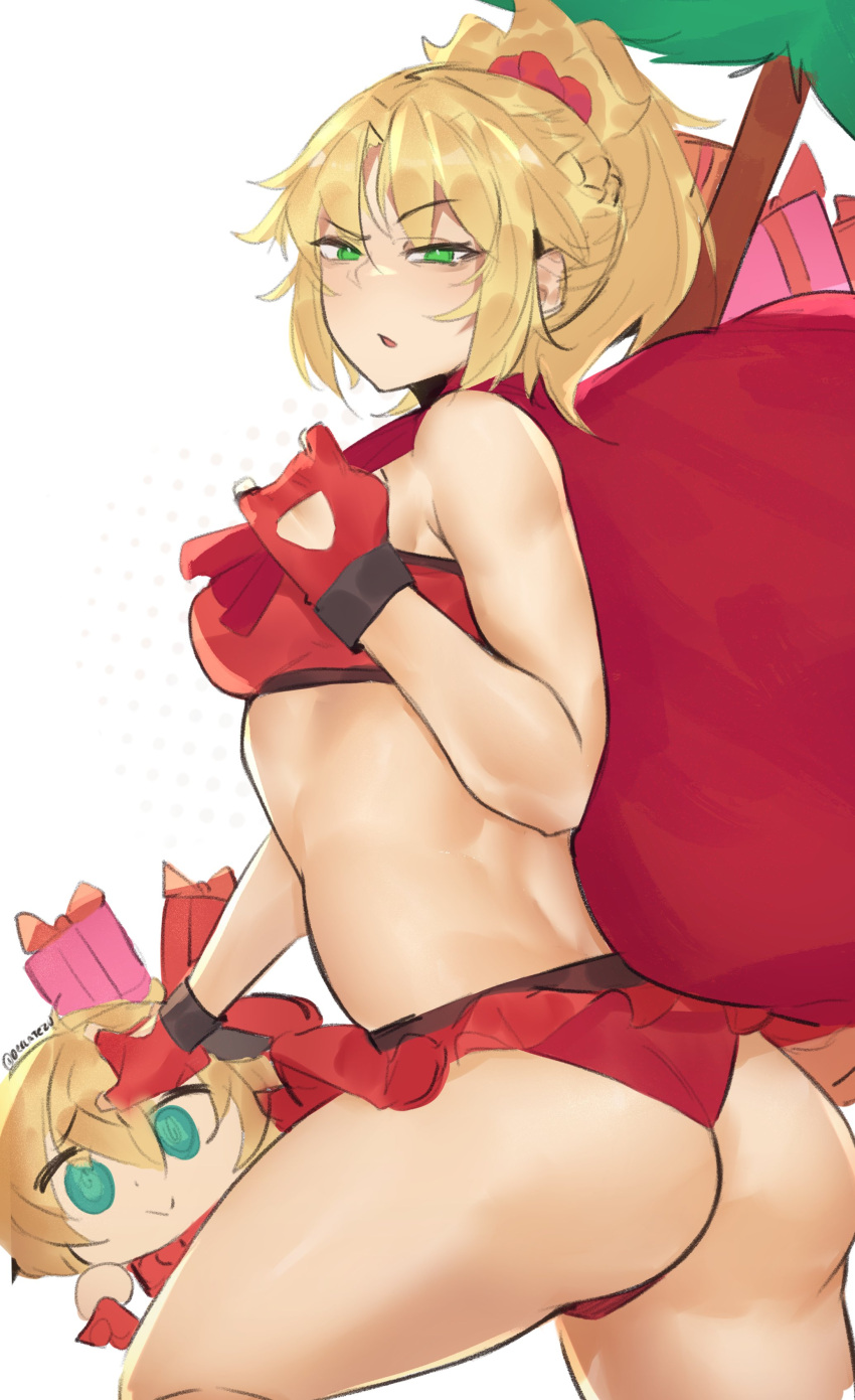 1girl :&gt; absurdres ass bikini bikini_skirt blonde_hair blush box braid breasts christmas_tree cowboy_shot deccatezu english_commentary fate/grand_order fate_(series) fingerless_gloves french_braid gift gift_box gloves green_eyes hair_between_eyes hair_ornament hair_scrunchie hand_on_another's_head highres long_hair looking_at_viewer median_furrow mordred_(fate) ponytail raised_eyebrow red_bikini red_gloves red_ribbon red_scrunchie ribbon sack scrunchie sidelocks skirt solo swimsuit thighs twitter_username white_background