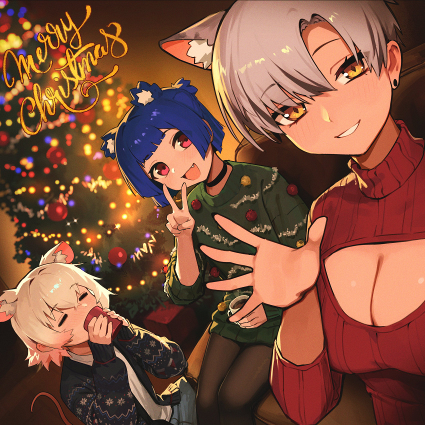 3girls absurdres animal_ear_fluff animal_ears black_pantyhose blue_hair blue_jacket blush breasts cat_ears choker christmas cleavage cleavage_cutout closed_eyes closed_mouth clothing_cutout colored_tips couch cup drinking earrings extra_ears fang flat_chest green_sweater grey_hair gris_(vertigris) hand_up highres holding holding_cup indoors jacket jewelry kara_(vertigris) large_breasts long_sleeves meme_attire merry_christmas mouse_ears mouse_girl mouse_tail multicolored_hair multiple_girls open-chest_sweater open_clothes open_jacket open_mouth original pantyhose parted_bangs perl_(vertigris) red_eyes red_sweater shirt short_hair sidelocks sitting smile steam stud_earrings sweater tail turtleneck turtleneck_sweater v vertigris waving white_hair white_shirt yellow_eyes