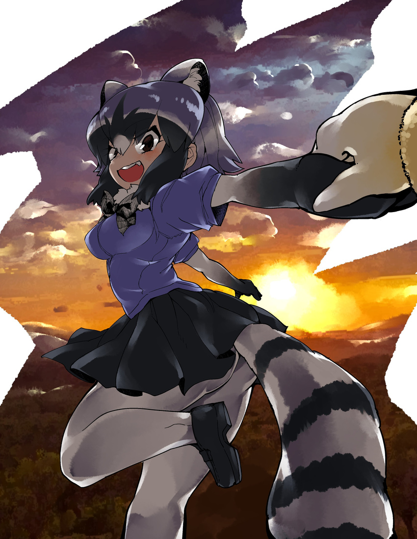 :d animal_humanoid armwear black_hair bow_tie breasts brown_eyes butt clothed clothing cloud common_raccoon_(kemono_friends) duo elbow_gloves female footwear gloves grey_hair hair hand_holding humanoid kemono_friends legwear mammal multicolored_hair open_mouth raccoon raccoon_humanoid shirt shoes short_hair sigmarion skirt smile striped_tail stripes sunset teeth tights