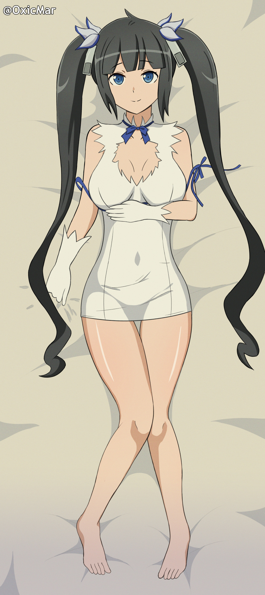 absurdres bed_sheet black_hair blue_eyes bow breasts dakimakura_(medium) dress dungeon_ni_deai_wo_motomeru_no_wa_machigatteiru_darou_ka feet gloves hair_ornament hestia_(danmachi) highres holding holding_sheet large_breasts long_hair looking_at_viewer lying on_back on_bed oxicmar smile twintails white_dress