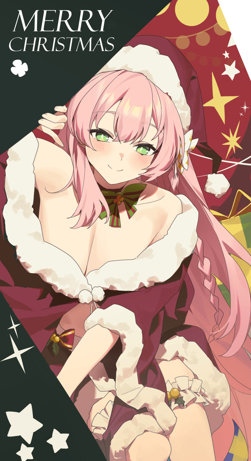 1girl absurdres airseal blue_archive blush braid breasts christmas cleavage closed_mouth commentary green_eyes hair_between_eyes hanako_(blue_archive) hat highres large_breasts long_hair looking_at_viewer merry_christmas pink_hair pom_pom_(clothes) red_headwear santa_costume santa_hat single_braid smile solo symbol-only_commentary