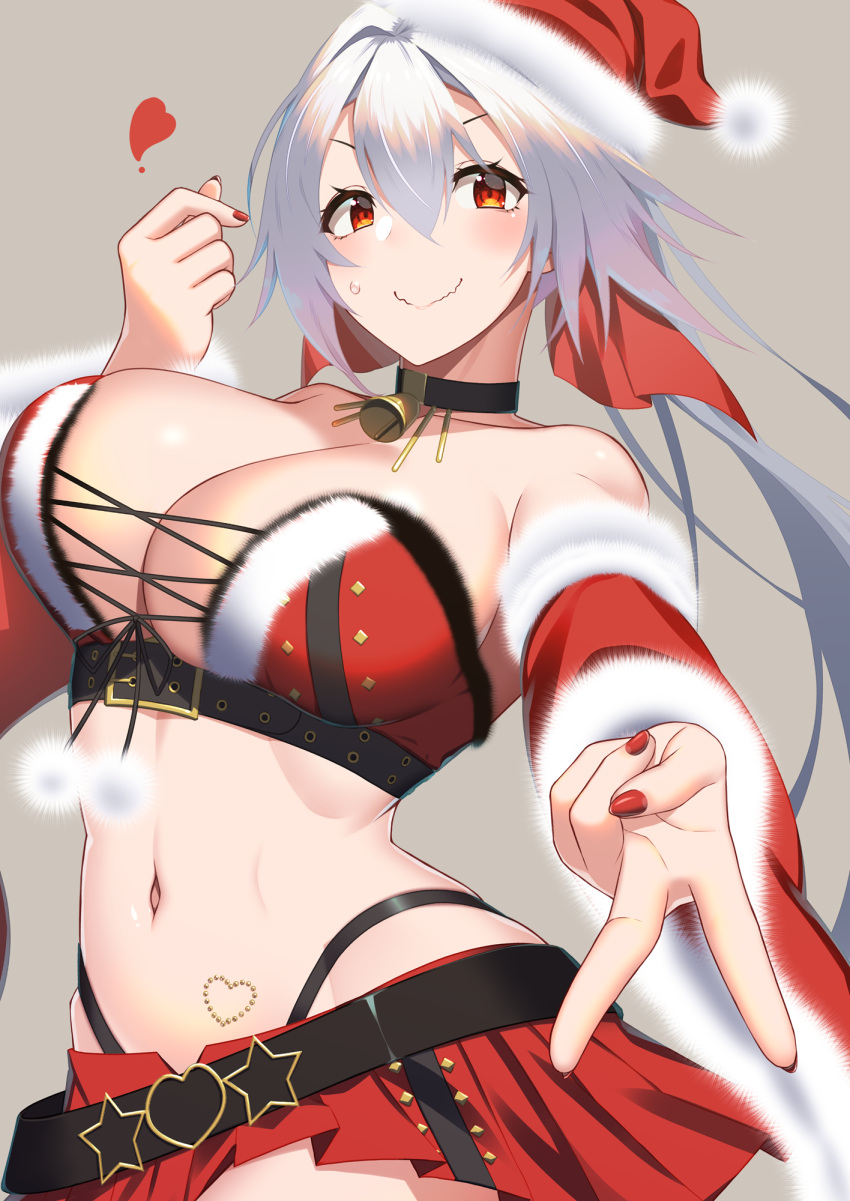 1girl bell breasts cosplay fate/grand_order fate_(series) finger_heart grey_background grey_hair hat heart highres kuroshiro_(ms-2420) large_breasts long_hair microskirt midriff navel neck_bell red_eyes red_nails santa_hat skirt suzuka_gozen_(fate) suzuka_gozen_(santa)_(fate) suzuka_gozen_(santa)_(fate)_(cosplay) tomoe_gozen_(fate) v wavy_mouth