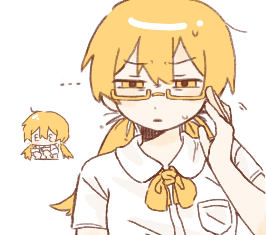 ... 1girl 3_3 adjusting_eyewear bespectacled blonde_hair breast_pocket cai_(cabbage_0j0) chibi chibi_inset chinese_commentary commentary_request dress_shirt frown glasses golden_number_(vocaloid) hand_up highres limited_palette long_hair looking_at_viewer low_twintails multiple_views neck_ribbon open_mouth pocket ribbon semi-rimless_eyewear shirt short_sleeves simple_background squinting twintails upper_body vocaloid white_background white_shirt yellow-framed_eyewear yellow_eyes yellow_ribbon