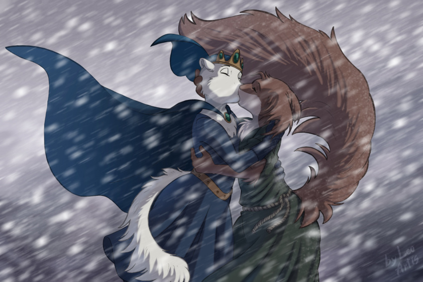 anthro blue_clothing brown_body brown_fur clothed clothing dress duo eyes_closed female female/female fur green_clothing hi_res kissing leo-artis mammal mustelid musteline princess_kurda redwall rodent sciurid snow tree_squirrel triss_(redwall) true_musteline weasel white_body white_fur