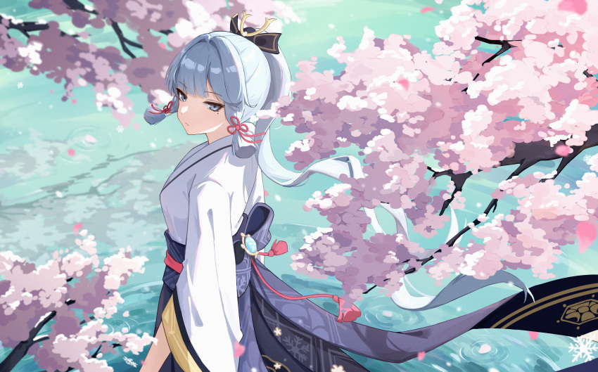 1girl absurdres blue_eyes blue_hair blue_skirt blunt_tresses cherry_blossoms closed_mouth commentary_request cowboy_shot expressionless falling_petals from_side genshin_impact hair_ribbon highres japanese_clothes kamisato_ayaka kazezz kimono light_blue_hair long_hair long_sleeves looking_at_viewer mole mole_under_eye obi petals ponytail ribbon ripples sash skirt solo tassel tress_ribbon very_long_hair water white_kimono wide_sleeves