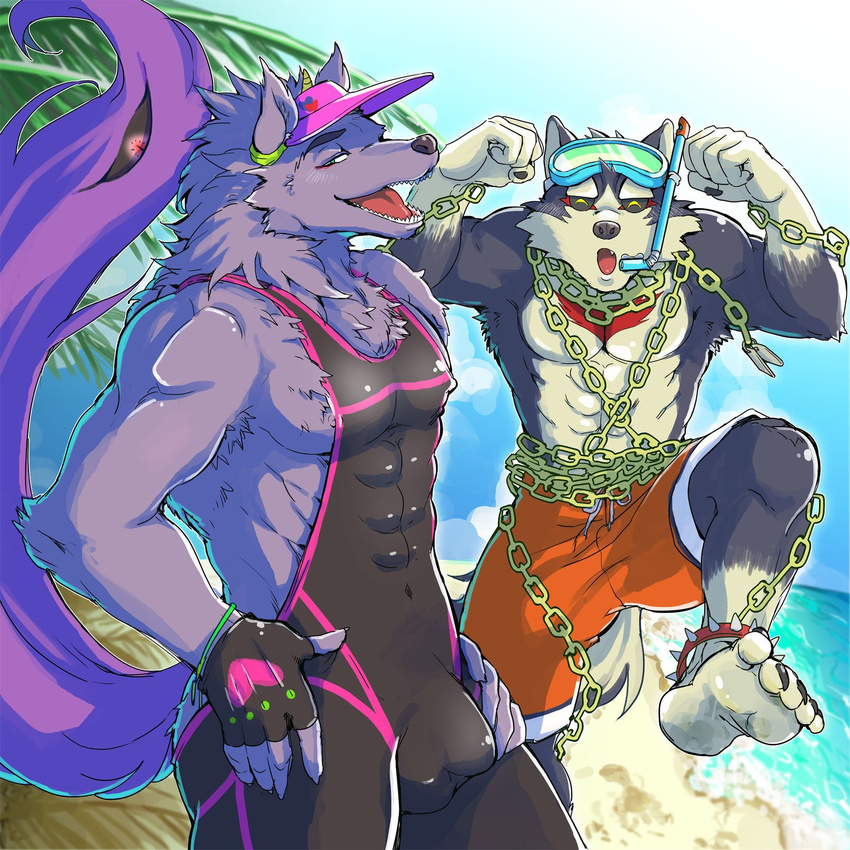 bathym bulge canine chain clothing demon eyewear garmr goggles hat male mammal muscular muscular_male simamanta swimming_trunks swimsuit tight_clothing tokyo_afterschool_summoners visor wetsuit wolf