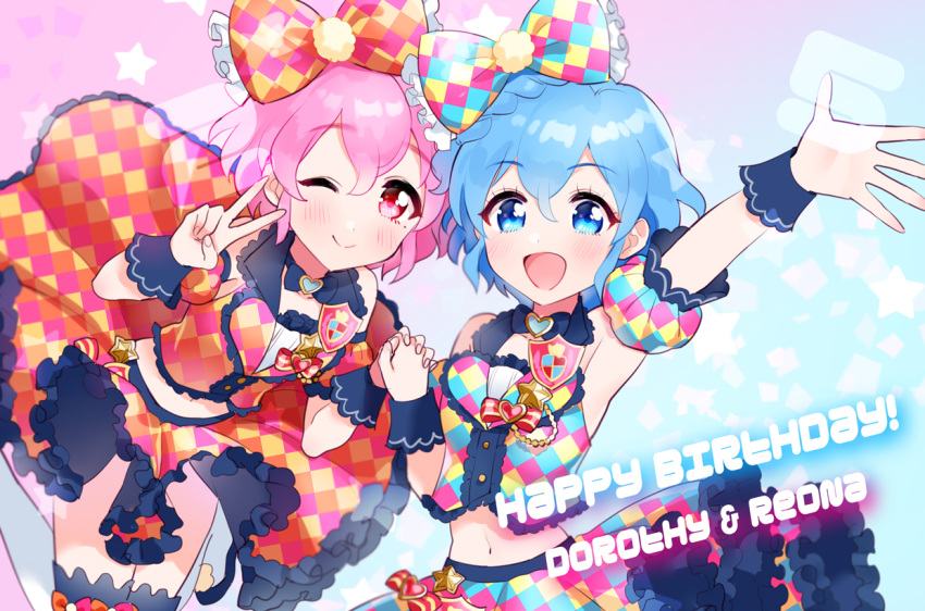 1boy 1girl :d ;d arm_up bare_shoulders blue_eyes blue_hair blush bow braid brother_and_sister character_name cropped_shirt crossdressing curly_hair detached_sleeves dorothy_west hair_between_eyes hair_bow hand_up hands_up happy_birthday holding_hands idol_clothes looking_at_viewer midriff mole mole_under_eye one_eye_closed open_mouth oshiri_(o4ritarou) otoko_no_ko outstretched_arm pink_eyes pink_hair pretty_series pripara puffy_detached_sleeves puffy_sleeves red_bow red_shirt red_skirt reona_west shirt short_hair siblings side_braid skirt sleeveless sleeveless_shirt smile twins v v_over_eye wrist_cuffs