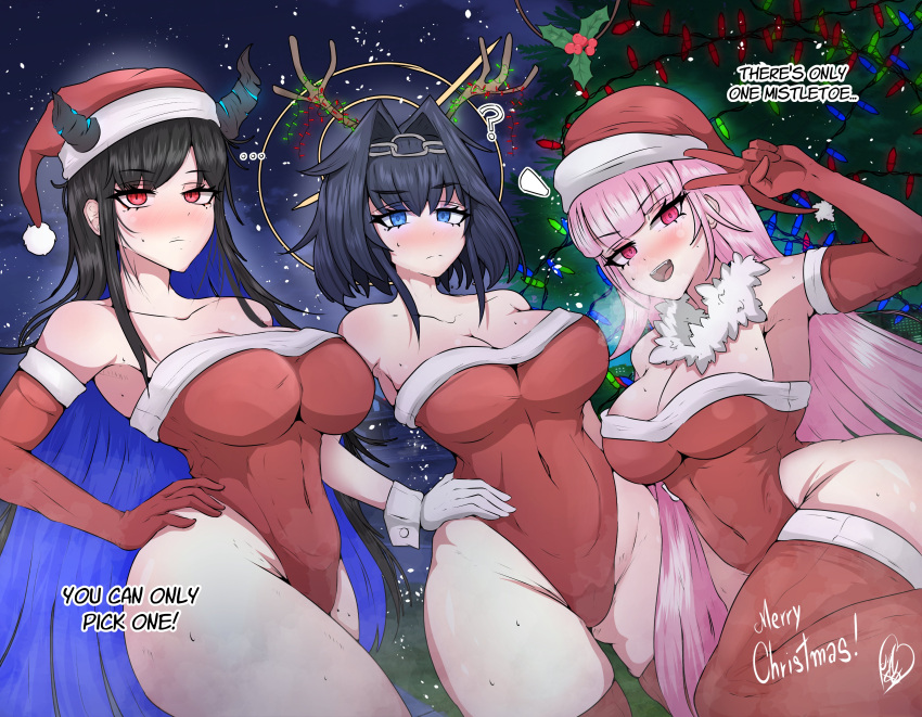 3girls :d absurdres antlers ass_visible_through_thighs bare_shoulders black_hair black_horns blue_eyes blue_hair blush breasts broken_horn christmas christmas_tree cleavage closed_mouth collarbone colored_inner_hair elbow_gloves gloves hair_intakes hair_ornament hand_on_own_hip hand_up hat highleg highleg_leotard highres hololive hololive_english horns large_breasts leotard long_hair mayoa mori_calliope multicolored_hair multiple_girls nerissa_ravencroft open_mouth ouro_kronii pink_hair red_eyes red_gloves red_leotard red_thighhighs santa_hat short_hair smile thighhighs thighs two-tone_hair v virtual_youtuber white_gloves