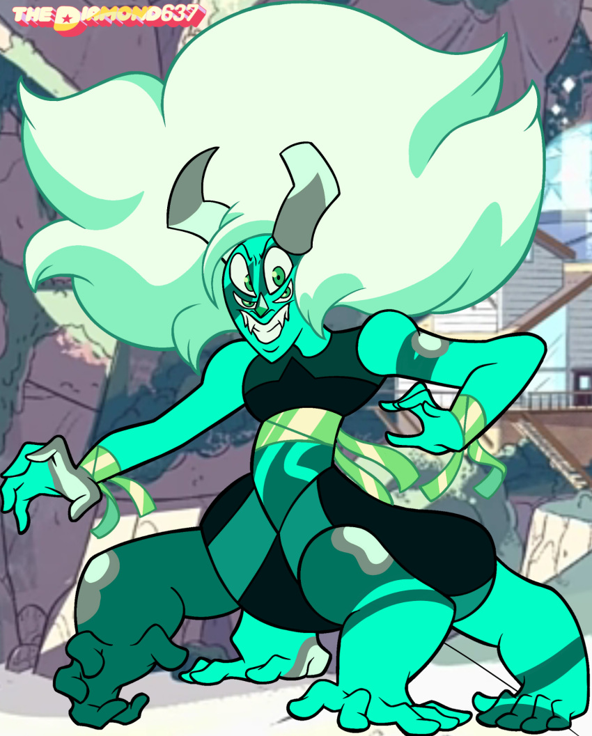 4_eyes 6_arms alien alien_humanoid all_fours alternate_form cartoon_network clothed clothing detailed_background fangs female fusion gem_(species) gem_fusion green_body green_hair green_skin hair hi_res humanoid macro malachite_(steven_universe) multi_arm multi_eye multi_limb ribbons smile solo spots spotted_body steven_universe striped_body stripes style_parody taur teeth thediamond637 toony