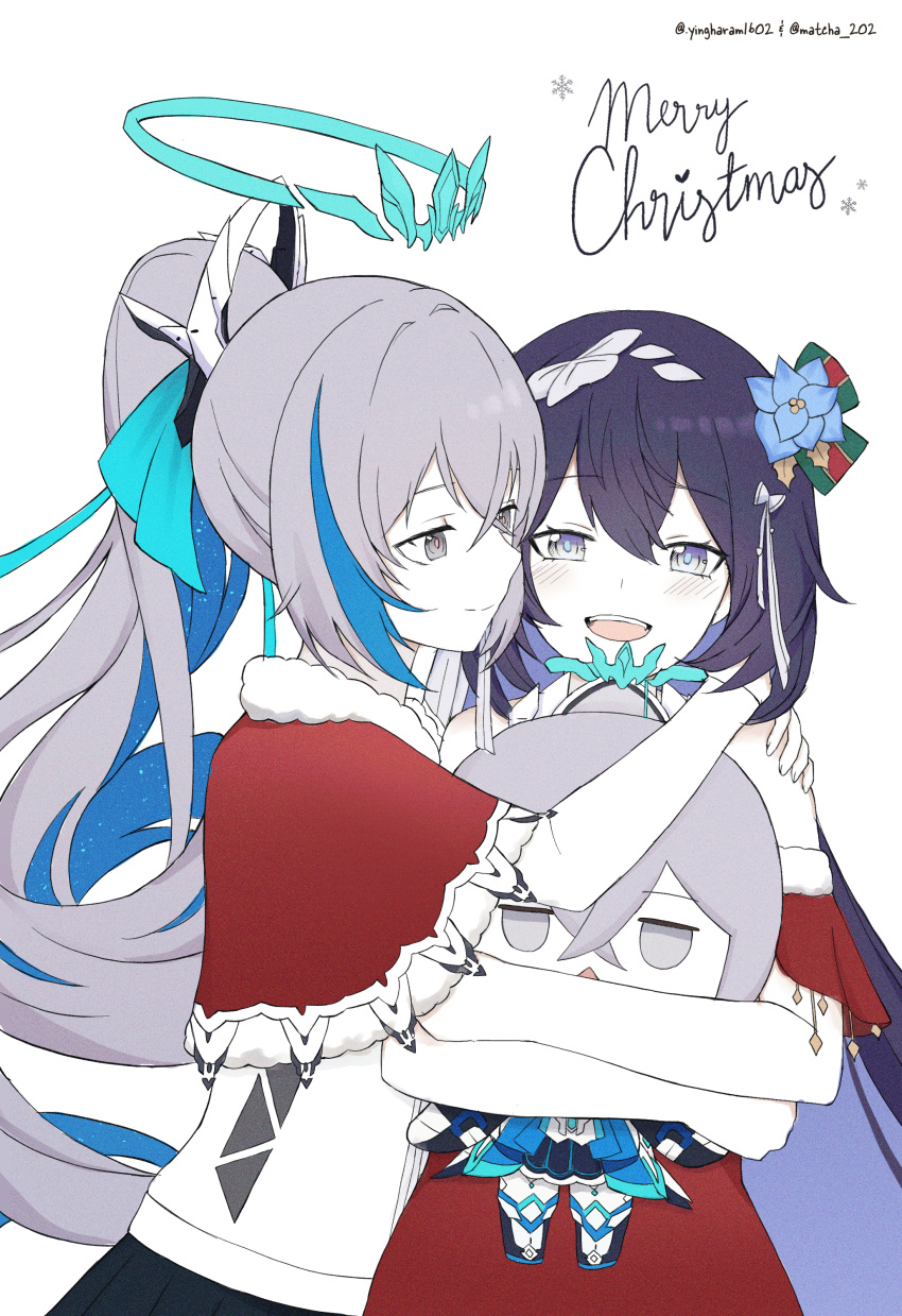 2girls absurdres alternate_costume bronya_zaychik bronya_zaychik_(herrscher_of_truth) christmas closed_mouth collaboration colored_inner_hair drill_hair english_commentary grey_eyes grey_hair halo hand_on_another's_shoulder happy high_ponytail highres holding honkai_(series) honkai_impact_3rd hug jitome long_hair looking_at_another matcha_202 merry_christmas multicolored_hair multiple_girls open_mouth seele_vollerei seele_vollerei_(herrscher_of_rebirth) simple_background single_drill smile stuffed_animal stuffed_toy upper_body white_background ying_haram