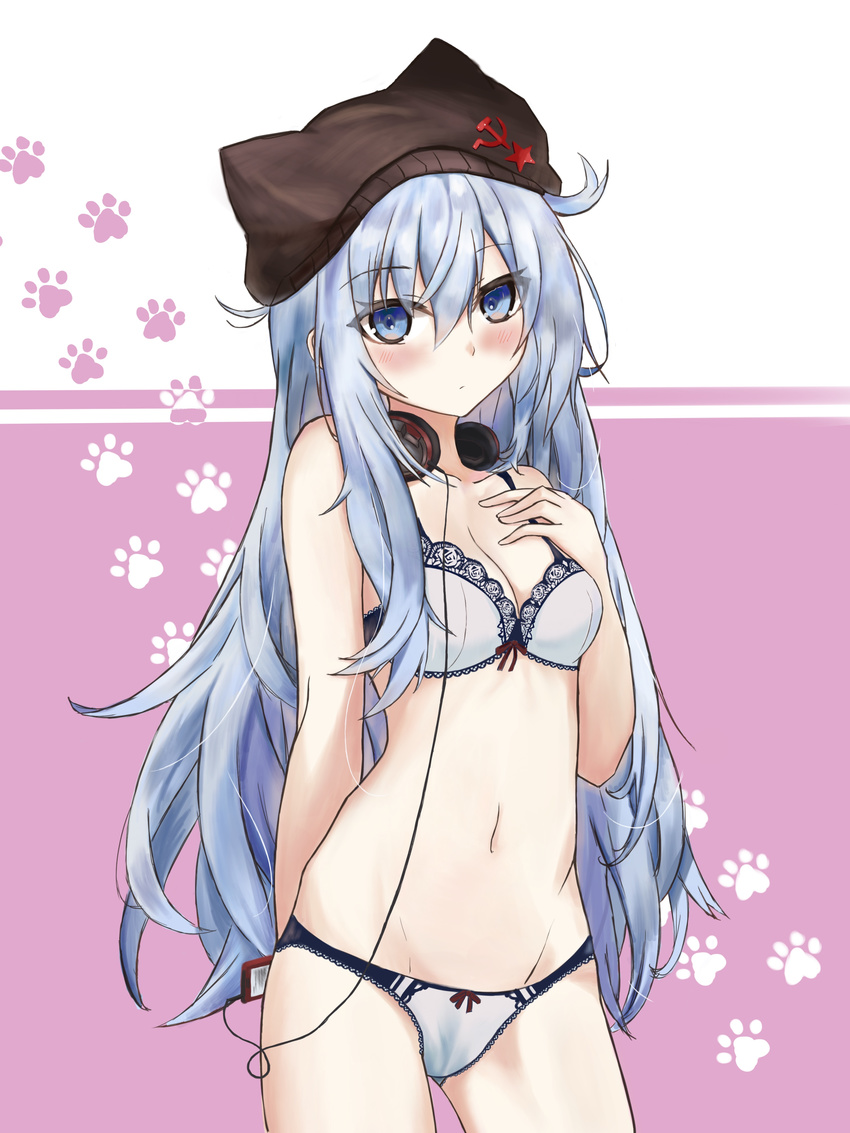 absurdres animal_hat arm_behind_back bad_id bad_pixiv_id black_hat blue_hair blush bow bow_panties bra breasts cat_hat closed_mouth collarbone cowboy_shot eyebrows_visible_through_hair hair_between_eyes hammer_and_sickle hammer_and_sickle_print hand_on_own_chest hat head_tilt headphones headphones_around_neck hibiki_(kantai_collection) highres kantai_collection lace lace-trimmed_bra lace-trimmed_panties long_hair looking_at_viewer navel panties paw_print pink_background resonancq small_breasts solo star star_print two-tone_background underwear underwear_only verniy_(kantai_collection) very_long_hair white_bra white_panties
