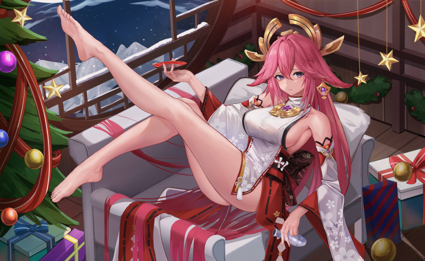 1girl :/ absurdres animal_ears bare_legs bare_shoulders barefoot bottle box breasts cherry_blossom_print christmas christmas_ornaments christmas_tree couch cup detached_sleeves earrings feet floppy_ears floral_print foot_up fox_ears genshin_impact gift gift_box hair_between_eyes hair_ornament highres holding holding_bottle holding_cup indoors jewelry kulayueyue large_breasts legs legs_up long_hair looking_at_viewer night nontraditional_miko on_couch pillow pink_hair purple_eyes sakazuki shirt sideboob sitting sleeveless sleeveless_turtleneck snowing soles solo star_ornament thighs toes tokkuri turtleneck very_long_hair white_shirt wide_sleeves window yae_miko