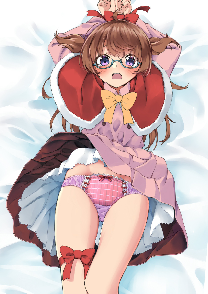 1girl absurdres amemiya_sekira arms_up bed_sheet blush bound bound_wrists bow bow_panties brown_bow brown_hair capelet clothes_lift commentary_request dress dress_lift fur-trimmed_capelet fur_trim glasses green-framed_eyewear hair_between_eyes highres long_hair long_sleeves open_mouth original panties pink_dress pink_panties puffy_long_sleeves puffy_sleeves purple_eyes red_bow red_capelet sekira_ame semi-rimless_eyewear solo thigh_gap two_side_up under-rim_eyewear underwear very_long_hair